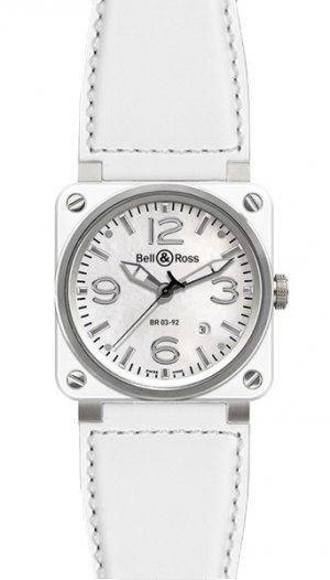 Réplique Blanc Ceramique veau Bell & Ross 42mm hommes automatiques BR03-92 White Ceramic Calfskin Montre