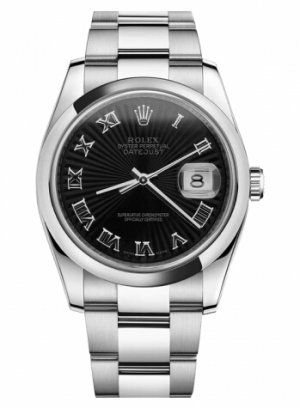 Réplique Rolex Datejust en acier de 36mm d?me lunette cadran noir Sunbeam 116200 BKSBRO Montre