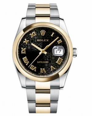 Réplique Rolex Datejust 36mm en acier et or jaune d'or cadran noir Jubile 116203 BKJRO Montre